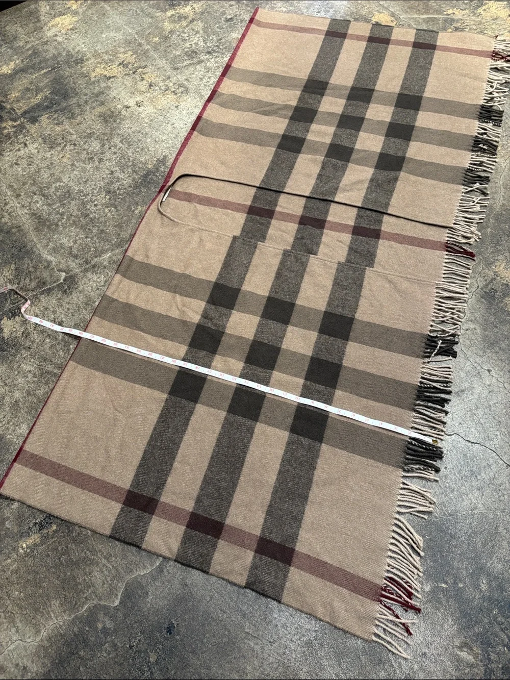 Burberry Camel Plaid Fringe Wrap with Burgundy Stripe